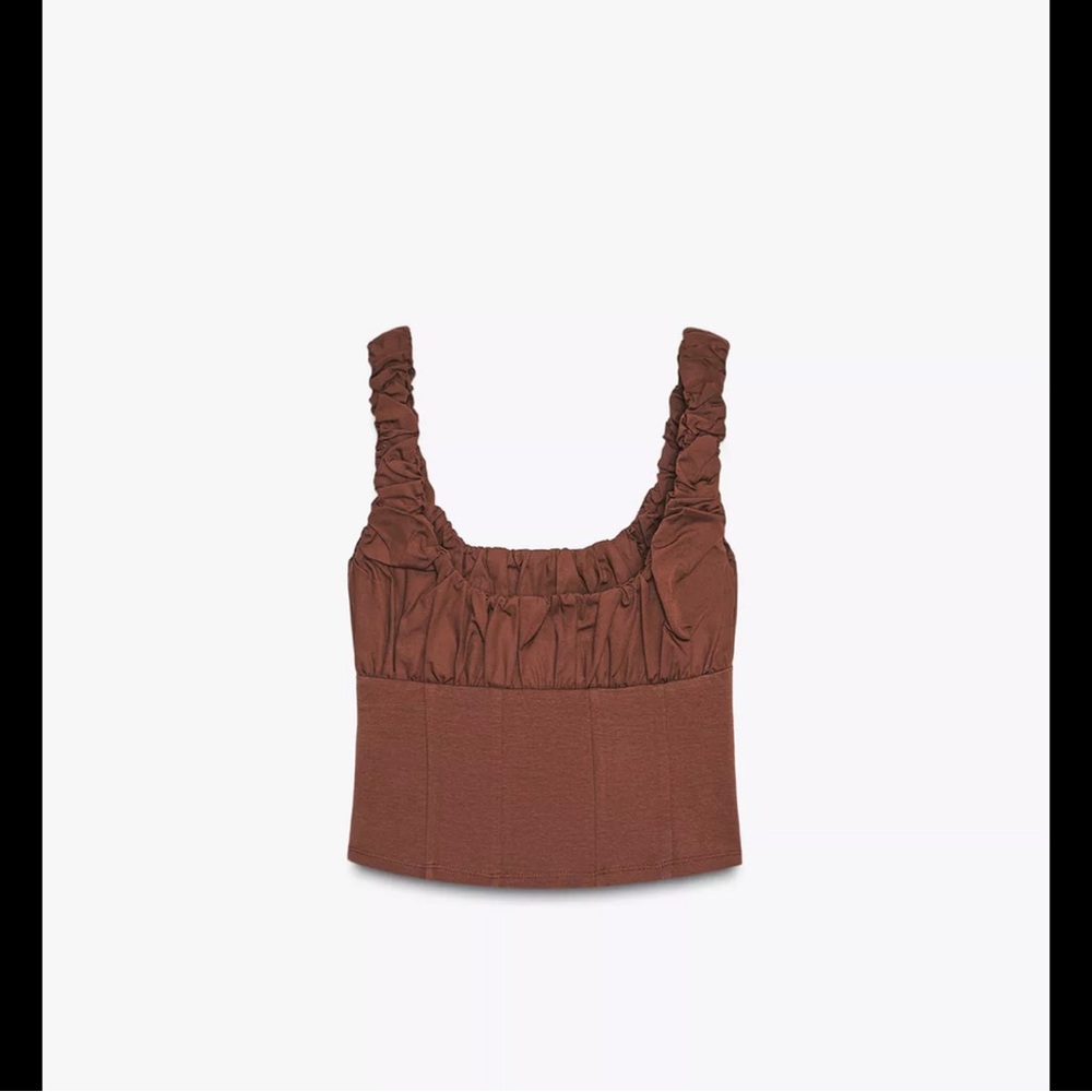 Zara Brown Ruched Short Sleeve Top